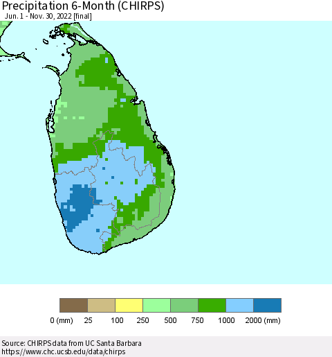 Sri Lanka Precipitation 6-Month (CHIRPS) Thematic Map For 6/1/2022 - 11/30/2022
