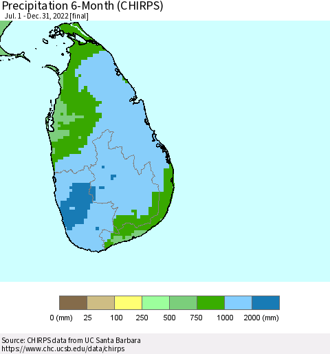 Sri Lanka Precipitation 6-Month (CHIRPS) Thematic Map For 7/1/2022 - 12/31/2022