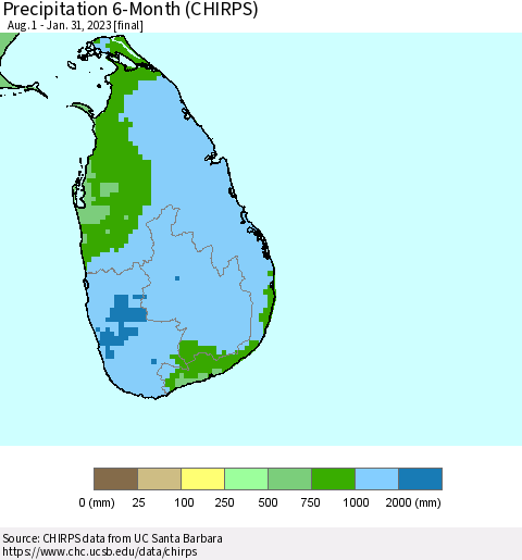 Sri Lanka Precipitation 6-Month (CHIRPS) Thematic Map For 8/1/2022 - 1/31/2023