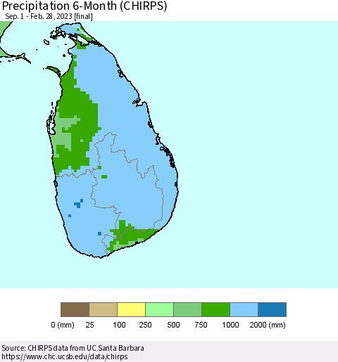 Sri Lanka Precipitation 6-Month (CHIRPS) Thematic Map For 9/1/2022 - 2/28/2023