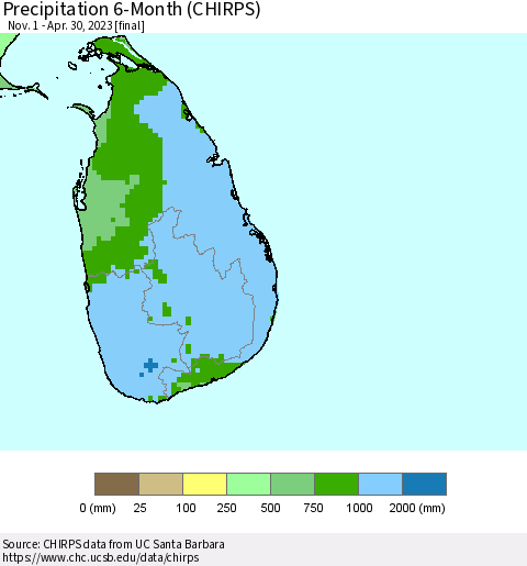 Sri Lanka Precipitation 6-Month (CHIRPS) Thematic Map For 11/1/2022 - 4/30/2023