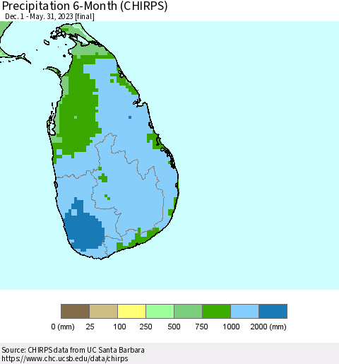 Sri Lanka Precipitation 6-Month (CHIRPS) Thematic Map For 12/1/2022 - 5/31/2023