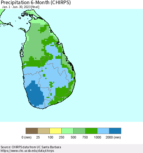 Sri Lanka Precipitation 6-Month (CHIRPS) Thematic Map For 1/1/2023 - 6/30/2023