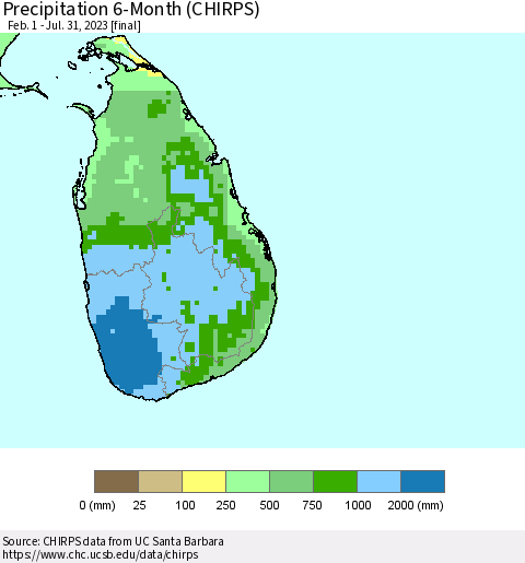 Sri Lanka Precipitation 6-Month (CHIRPS) Thematic Map For 2/1/2023 - 7/31/2023