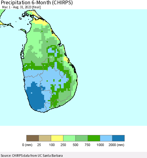 Sri Lanka Precipitation 6-Month (CHIRPS) Thematic Map For 3/1/2023 - 8/31/2023