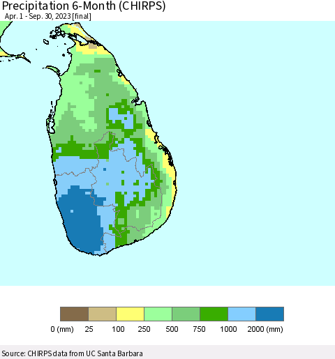 Sri Lanka Precipitation 6-Month (CHIRPS) Thematic Map For 4/1/2023 - 9/30/2023