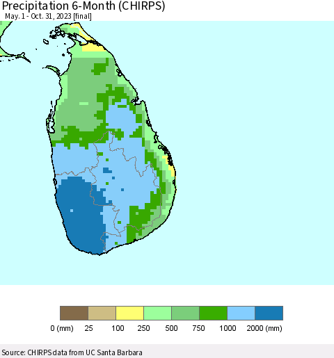 Sri Lanka Precipitation 6-Month (CHIRPS) Thematic Map For 5/1/2023 - 10/31/2023