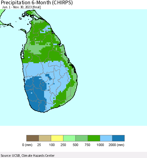 Sri Lanka Precipitation 6-Month (CHIRPS) Thematic Map For 6/1/2023 - 11/30/2023