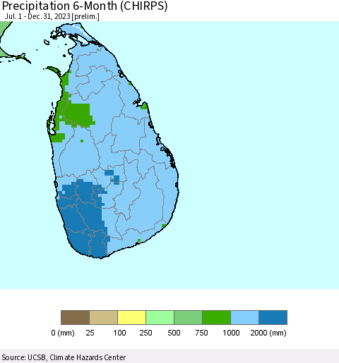 Sri Lanka Precipitation 6-Month (CHIRPS) Thematic Map For 7/1/2023 - 12/31/2023