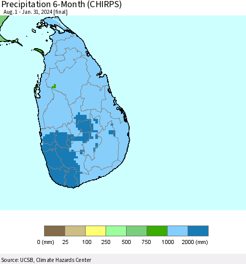 Sri Lanka Precipitation 6-Month (CHIRPS) Thematic Map For 8/1/2023 - 1/31/2024