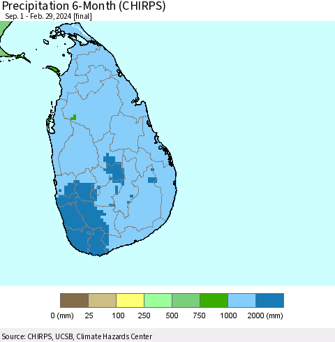 Sri Lanka Precipitation 6-Month (CHIRPS) Thematic Map For 9/1/2023 - 2/29/2024