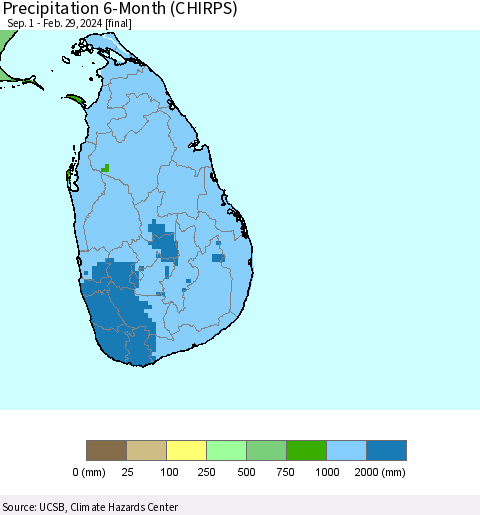 Sri Lanka Precipitation 6-Month (CHIRPS) Thematic Map For 9/1/2023 - 2/29/2024