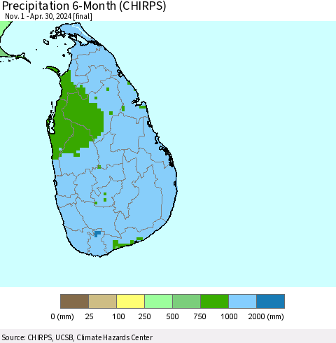 Sri Lanka Precipitation 6-Month (CHIRPS) Thematic Map For 11/1/2023 - 4/30/2024