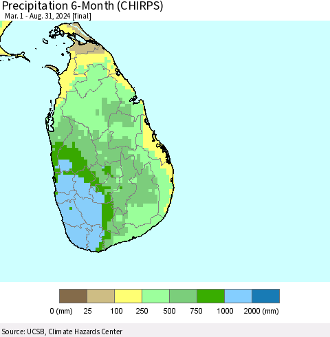 Sri Lanka Precipitation 6-Month (CHIRPS) Thematic Map For 3/1/2024 - 8/31/2024