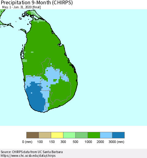 Sri Lanka Precipitation 9-Month (CHIRPS) Thematic Map For 5/1/2019 - 1/31/2020