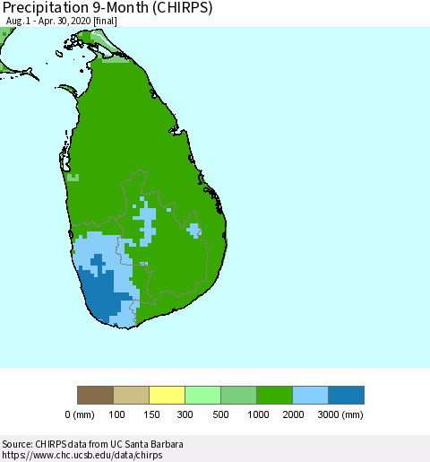 Sri Lanka Precipitation 9-Month (CHIRPS) Thematic Map For 8/1/2019 - 4/30/2020