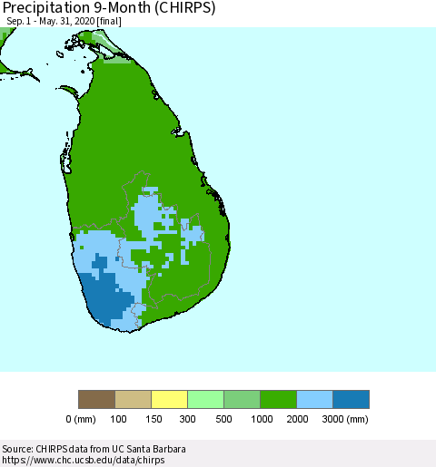 Sri Lanka Precipitation 9-Month (CHIRPS) Thematic Map For 9/1/2019 - 5/31/2020