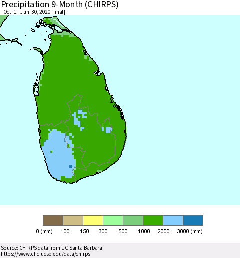Sri Lanka Precipitation 9-Month (CHIRPS) Thematic Map For 10/1/2019 - 6/30/2020
