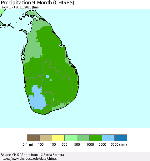 Sri Lanka Precipitation 9-Month (CHIRPS) Thematic Map For 11/1/2019 - 7/31/2020