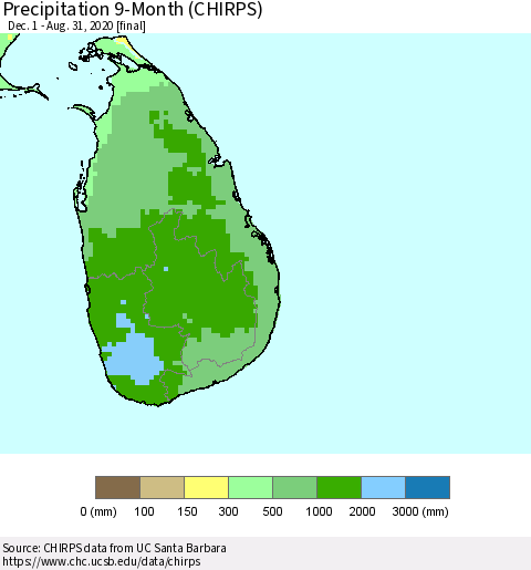 Sri Lanka Precipitation 9-Month (CHIRPS) Thematic Map For 12/1/2019 - 8/31/2020