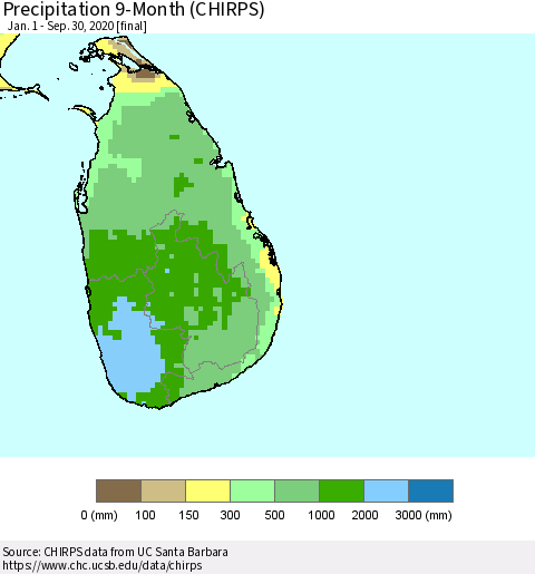 Sri Lanka Precipitation 9-Month (CHIRPS) Thematic Map For 1/1/2020 - 9/30/2020