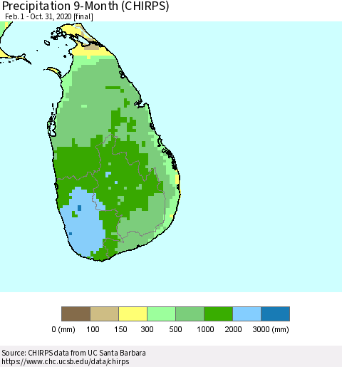 Sri Lanka Precipitation 9-Month (CHIRPS) Thematic Map For 2/1/2020 - 10/31/2020