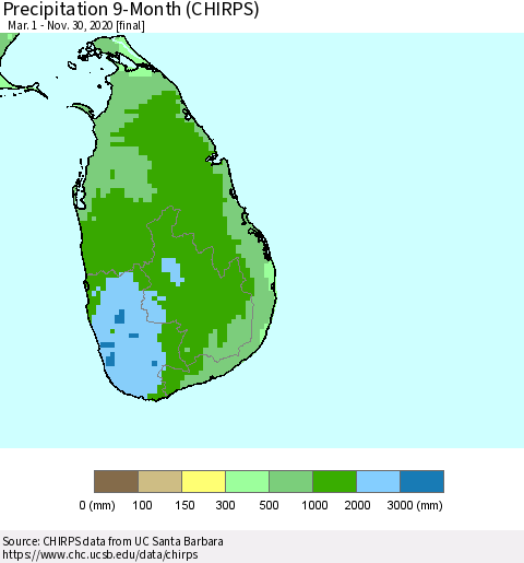 Sri Lanka Precipitation 9-Month (CHIRPS) Thematic Map For 3/1/2020 - 11/30/2020