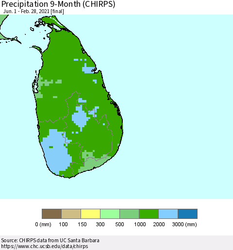 Sri Lanka Precipitation 9-Month (CHIRPS) Thematic Map For 6/1/2020 - 2/28/2021