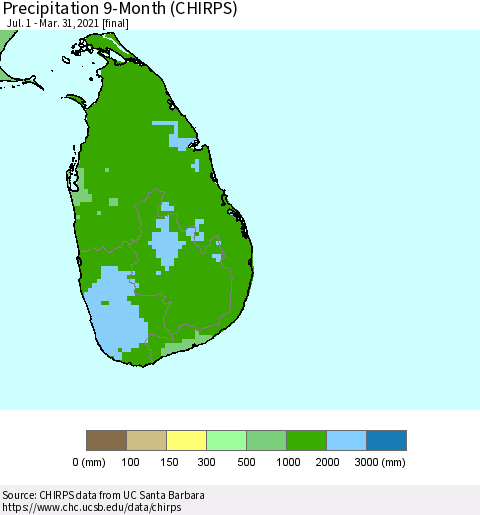 Sri Lanka Precipitation 9-Month (CHIRPS) Thematic Map For 7/1/2020 - 3/31/2021