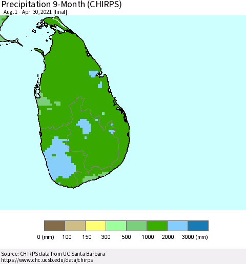 Sri Lanka Precipitation 9-Month (CHIRPS) Thematic Map For 8/1/2020 - 4/30/2021