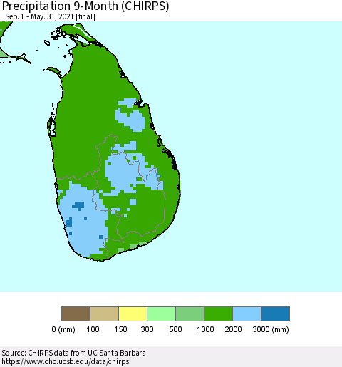 Sri Lanka Precipitation 9-Month (CHIRPS) Thematic Map For 9/1/2020 - 5/31/2021