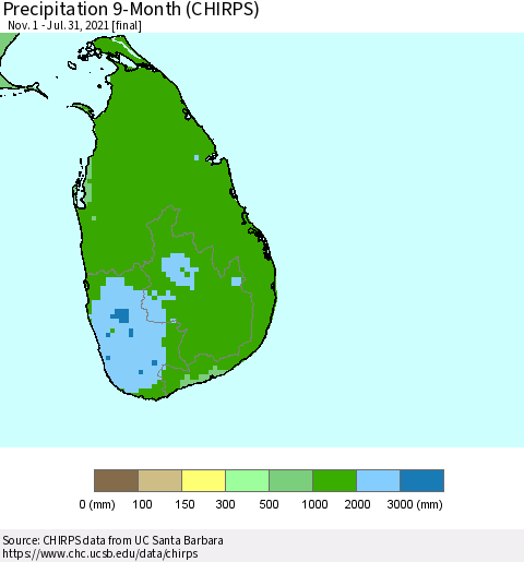 Sri Lanka Precipitation 9-Month (CHIRPS) Thematic Map For 11/1/2020 - 7/31/2021