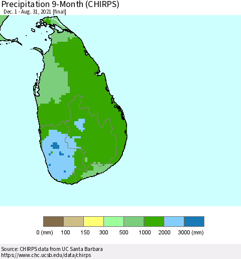 Sri Lanka Precipitation 9-Month (CHIRPS) Thematic Map For 12/1/2020 - 8/31/2021