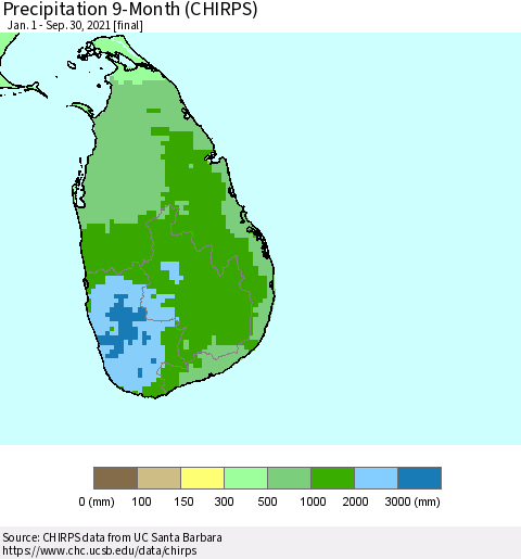 Sri Lanka Precipitation 9-Month (CHIRPS) Thematic Map For 1/1/2021 - 9/30/2021