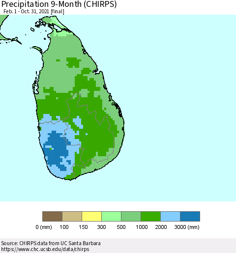 Sri Lanka Precipitation 9-Month (CHIRPS) Thematic Map For 2/1/2021 - 10/31/2021