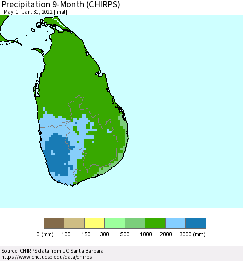 Sri Lanka Precipitation 9-Month (CHIRPS) Thematic Map For 5/1/2021 - 1/31/2022