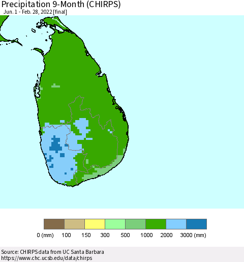 Sri Lanka Precipitation 9-Month (CHIRPS) Thematic Map For 6/1/2021 - 2/28/2022