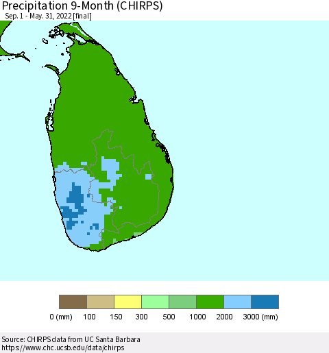 Sri Lanka Precipitation 9-Month (CHIRPS) Thematic Map For 9/1/2021 - 5/31/2022