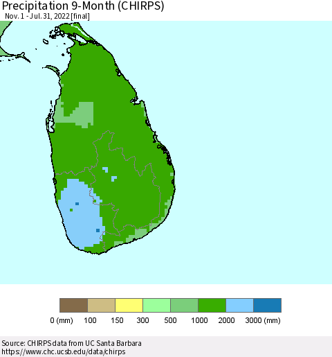 Sri Lanka Precipitation 9-Month (CHIRPS) Thematic Map For 11/1/2021 - 7/31/2022