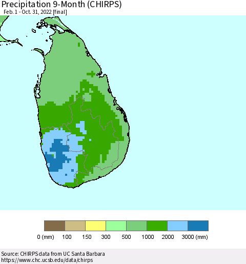 Sri Lanka Precipitation 9-Month (CHIRPS) Thematic Map For 2/1/2022 - 10/31/2022
