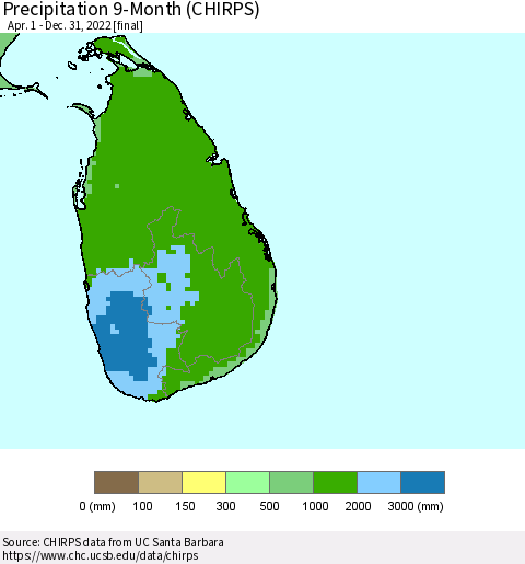 Sri Lanka Precipitation 9-Month (CHIRPS) Thematic Map For 4/1/2022 - 12/31/2022