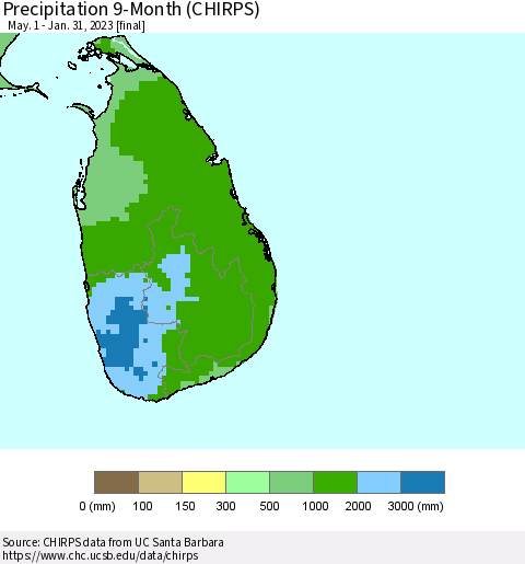 Sri Lanka Precipitation 9-Month (CHIRPS) Thematic Map For 5/1/2022 - 1/31/2023