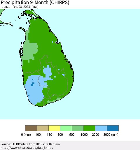 Sri Lanka Precipitation 9-Month (CHIRPS) Thematic Map For 6/1/2022 - 2/28/2023