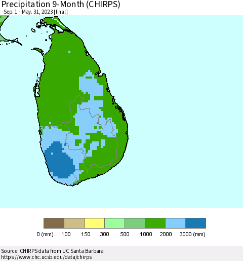 Sri Lanka Precipitation 9-Month (CHIRPS) Thematic Map For 9/1/2022 - 5/31/2023