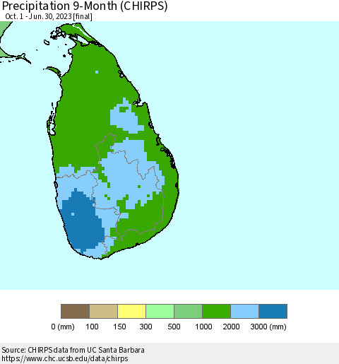 Sri Lanka Precipitation 9-Month (CHIRPS) Thematic Map For 10/1/2022 - 6/30/2023