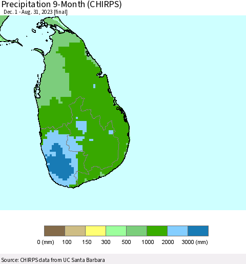 Sri Lanka Precipitation 9-Month (CHIRPS) Thematic Map For 12/1/2022 - 8/31/2023