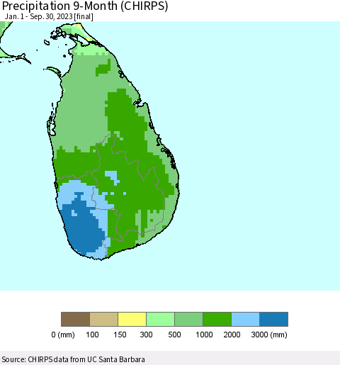 Sri Lanka Precipitation 9-Month (CHIRPS) Thematic Map For 1/1/2023 - 9/30/2023