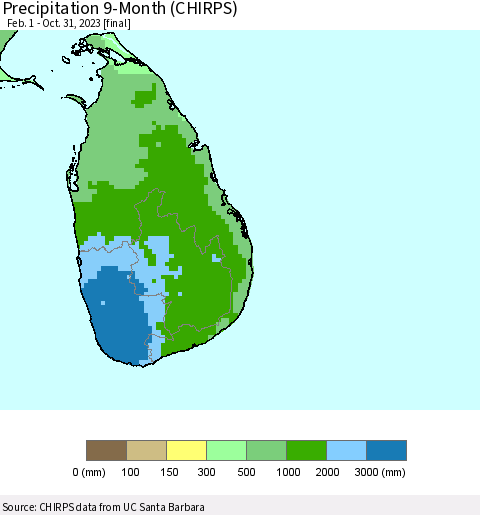 Sri Lanka Precipitation 9-Month (CHIRPS) Thematic Map For 2/1/2023 - 10/31/2023