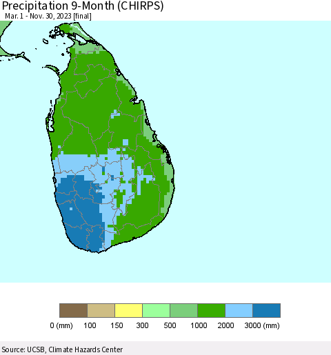 Sri Lanka Precipitation 9-Month (CHIRPS) Thematic Map For 3/1/2023 - 11/30/2023