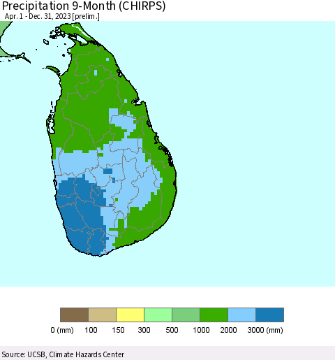 Sri Lanka Precipitation 9-Month (CHIRPS) Thematic Map For 4/1/2023 - 12/31/2023